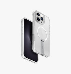 UNIQ Eleva case with built-in aluminium kickstand for iPhone 16 Pro Max Clear - front and back