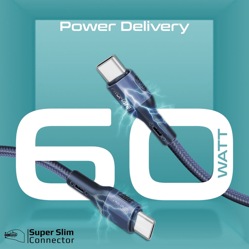 Promate FletchLink-CC Blue cable charging a device at 60W Power Delivery