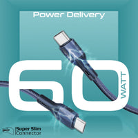 Promate FletchLink-CC Blue cable charging a device at 60W Power Delivery