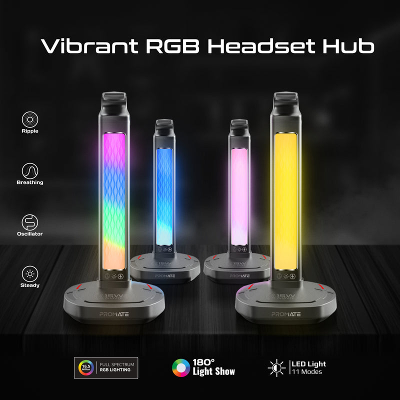 Promate FortX headset stand RGB lighting modes - angle view