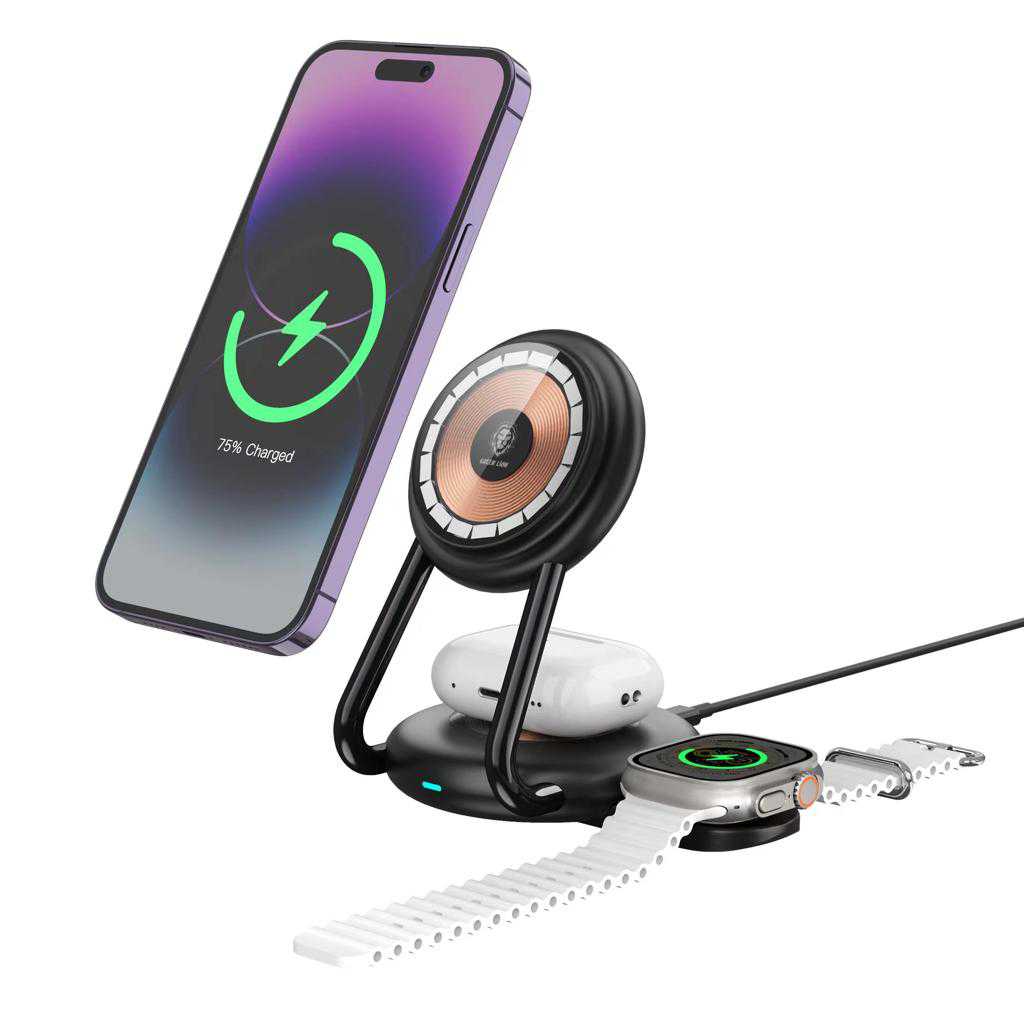 Hub-a Şêr a 3-di-1 MagCharge 15W ya Green Lion - Reş