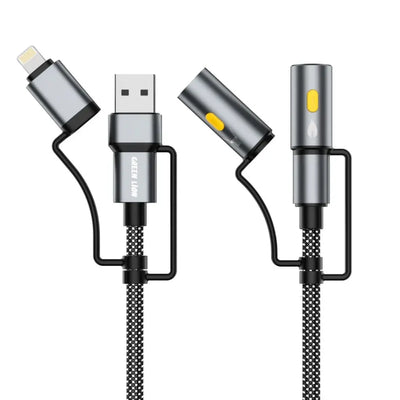 كيبل Green Lion 6 في 1 للشحن مع إضاءة LED وإشعال 1.2 متر 60 واط - رمادي | Green Lion 6 in1 Cable Charging, Led Light, Ignition - 1.2m PD 60W - Gray