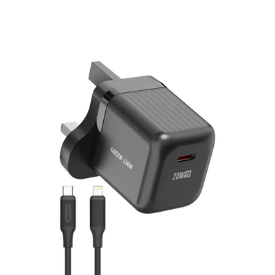 Green Lion Ultra Compact GaN Wall Charger UK Pin USB-C 20W with C to L – Black | شاحن حائط GaN فائق الضغافة من Green Lion بقابس UK ومنفذ USB-C بقدرة 20W مع كابل C to L – أسود