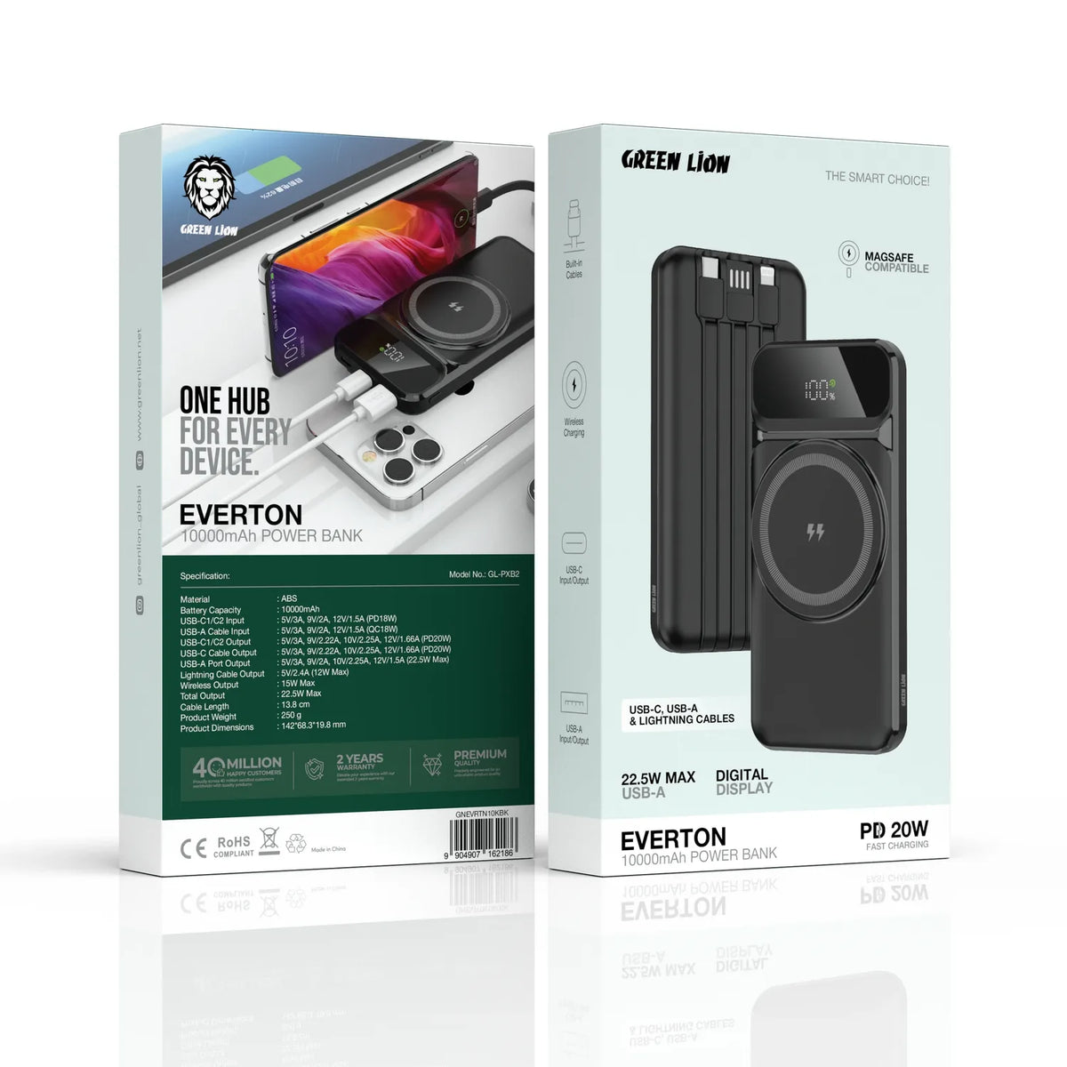 باور بانك جرين لايون Everton بسعة 10000mAh وشحن PD 20W - أسود | Green Lion Everton 10000mAh Power Bank PD 20W – Black