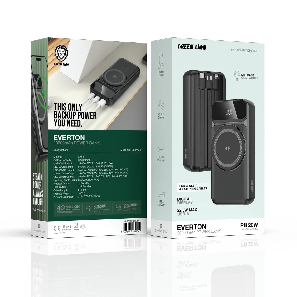 باور بانك جرين لايون Everton بسعة 20000mAh وشحن PD 20W - أسود | Green Lion Everton 20000mAh Power Bank PD 20W – Black