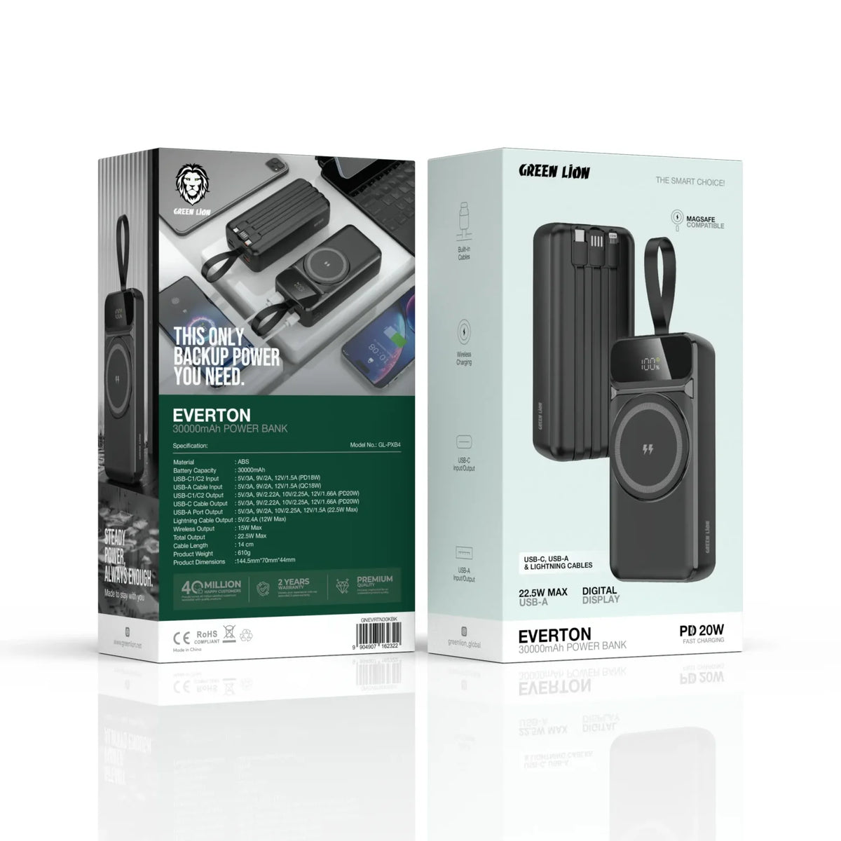 باور بانك جرين لايون Everton بسعة 30000mAh وشحن PD 20W - أسود | Green Lion Everton 30000mAh Power Bank PD 20W – Black