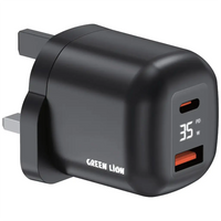 Green Lion Q-Series UK Plug USB-C & USB-A Wall Charger – Black | جرين ليون Q-Series قابس المملكة المتحدة USB-C و USB-A – أسود