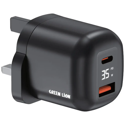 Green Lion Q-Series UK Plug USB-C & USB-A Wall Charger – Black | جرين ليون Q-Series قابس المملكة المتحدة USB-C و USB-A – أسود