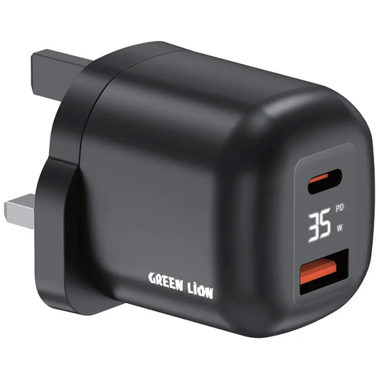 Green Lion Q-Series UK Plug USB-C & USB-A Wall Charger – Black | جرين ليون Q-Series قابس المملكة المتحدة USB-C و USB-A – أسود