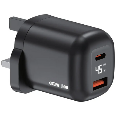 Green Lion Q-Series UK Plug USB-C & USB-A Wall Charger 45W – Black | جرين ليون Q-Series قابس المملكة المتحدة USB-C و USB-A 45W – أسود
