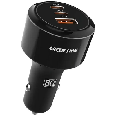 شاحن سيارة Green Lion Roadex ثلاثي المنافذ 80 واط مع كيبل C to L 1 متر - أسود | Green Lion Roadex Triple Port Car Charger 80W C to L 1m Cable - Black
