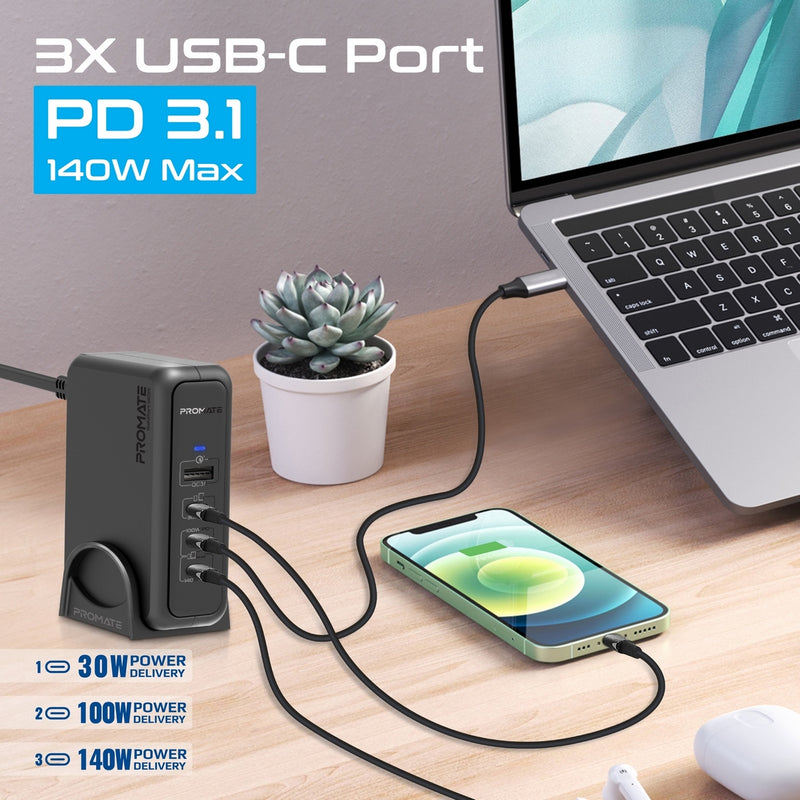 Promate GaNPort-140W desktop charging station standing upright on included stand