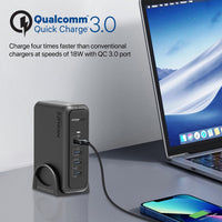 Promate GaNPort-140W charging a laptop phone and tablet simultaneously at 140W