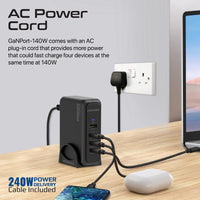 Promate GaNPort-140W GaN charging station with AC power cord - side profile