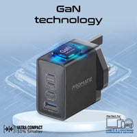 Promate GaNPort4-67PD Black port layout with dual USB-C and Quick Charge 3.0