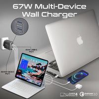 Promate GaNPort4-67PD Black charging a laptop phone and tablet simultaneously