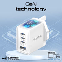 Promate GaNPort4-67PD White port layout with dual USB-C and Quick Charge 3.0