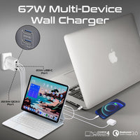 Promate GaNPort4-67PD White charging a laptop phone and tablet simultaneously