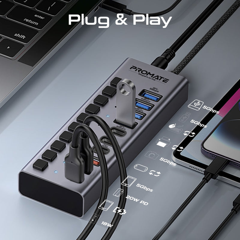 Promate GegaHub-5G individual power switches detail