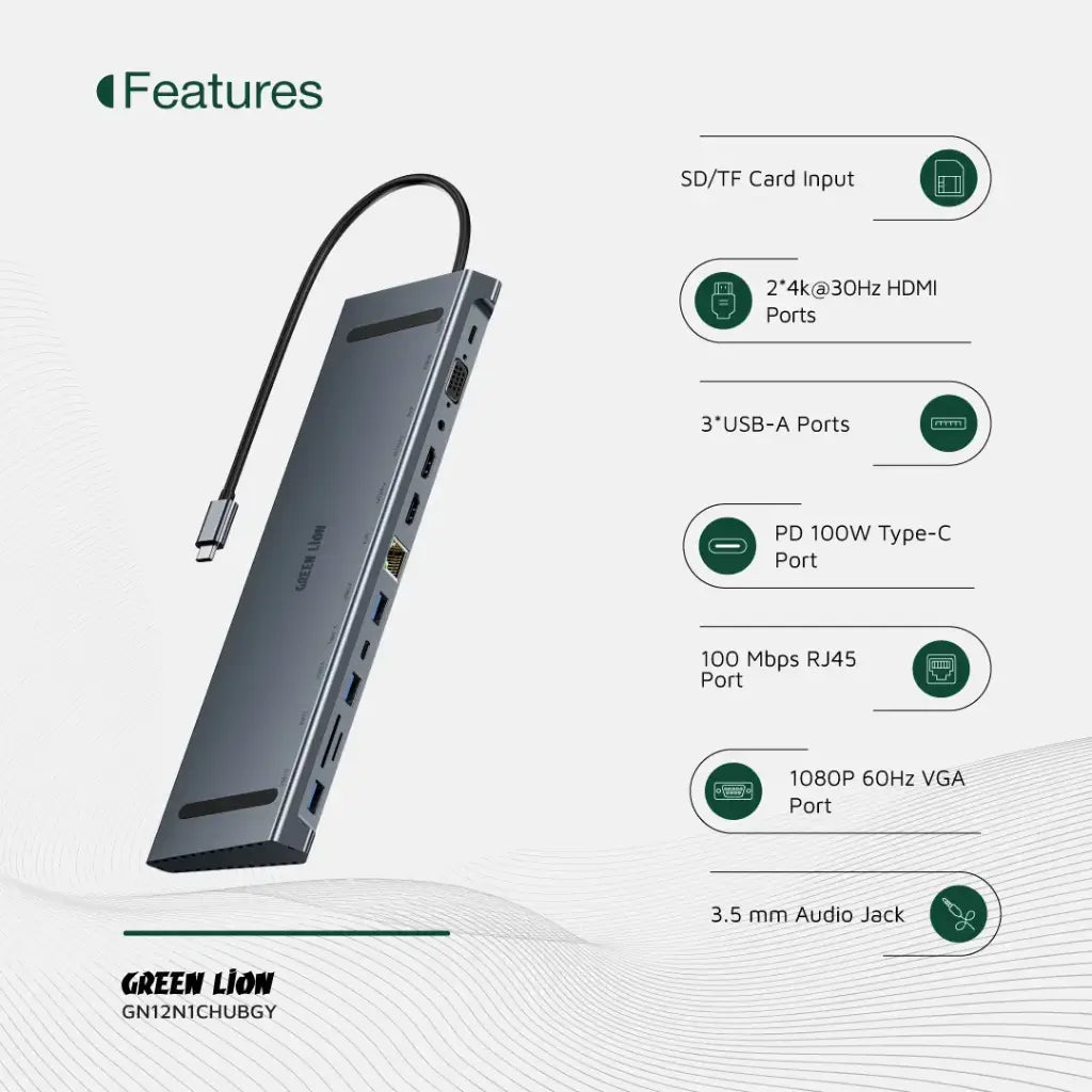 Green Lion 12 in 1 4K HDMI Ethernet USB-C HUB - Gray | هاب جرين ليون 12 في 1 مع HDMI 4K وإيثرنت - رمادي