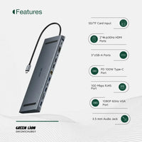Green Lion 12 in 1 4K HDMI Ethernet USB-C HUB - Gray | هاب جرين ليون 12 في 1 مع HDMI 4K وإيثرنت - رمادي