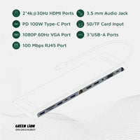 Green Lion 12 in 1 4K HDMI Ethernet USB-C HUB - Gray | هاب جرين ليون 12 في 1 مع HDMI 4K وإيثرنت - رمادي