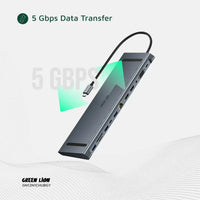 Green Lion 12 in 1 4K HDMI Ethernet USB-C HUB - Gray | هاب جرين ليون 12 في 1 مع HDMI 4K وإيثرنت - رمادي