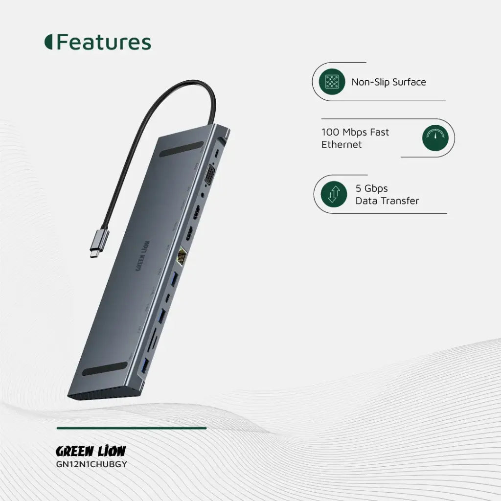 Green Lion 12 in 1 4K HDMI Ethernet USB-C HUB - Gray | هاب جرين ليون 12 في 1 مع HDMI 4K وإيثرنت - رمادي