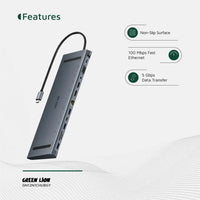 Green Lion 12 in 1 4K HDMI Ethernet USB-C HUB - Gray | هاب جرين ليون 12 في 1 مع HDMI 4K وإيثرنت - رمادي