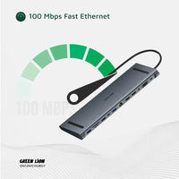 Green Lion 12 in 1 4K HDMI Ethernet USB-C HUB - Gray | هاب جرين ليون 12 في 1 مع HDMI 4K وإيثرنت - رمادي