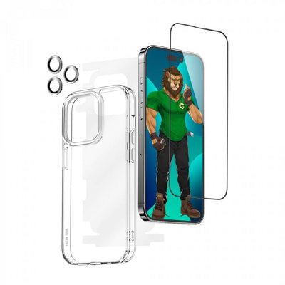 Green Lion 4 in 1 360° HD Protection Pack for iPhone 14 Plus (6.7") - Black/Blue/Silver | حزمة حماية جرين ليون 4 في 1 بزاوية 360 درجة لآيفون 14 بلس - أسود/أزرق/فضي