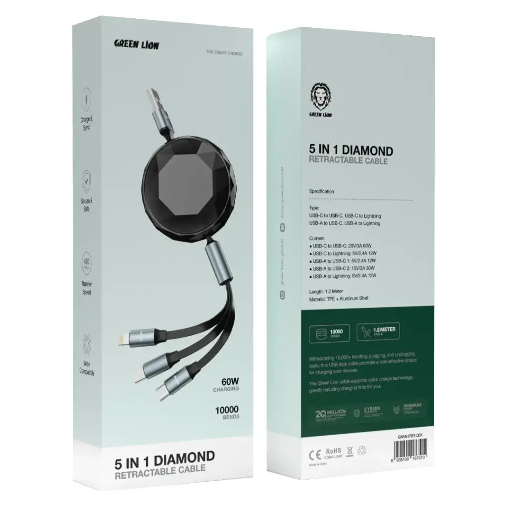 Green Lion 5 in 1 Diamond Retractable Cable - Black | كيبل جرين ليون القابل للسحب 5 في 1