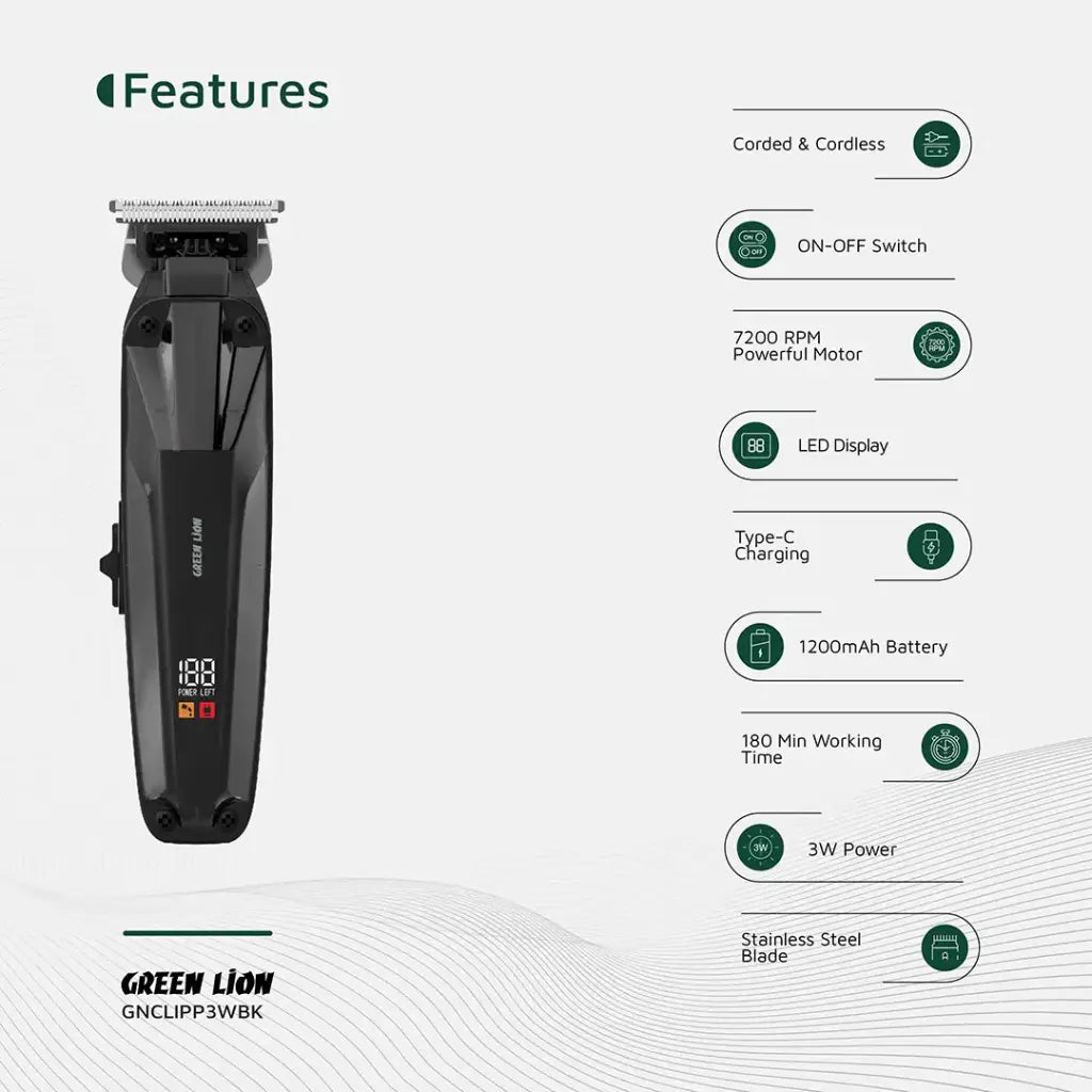 ماكينة حلاقة جرين لايون Clip Master الاحترافية - أسود | Green Lion Clip Master Professional Hair Clipper - Black