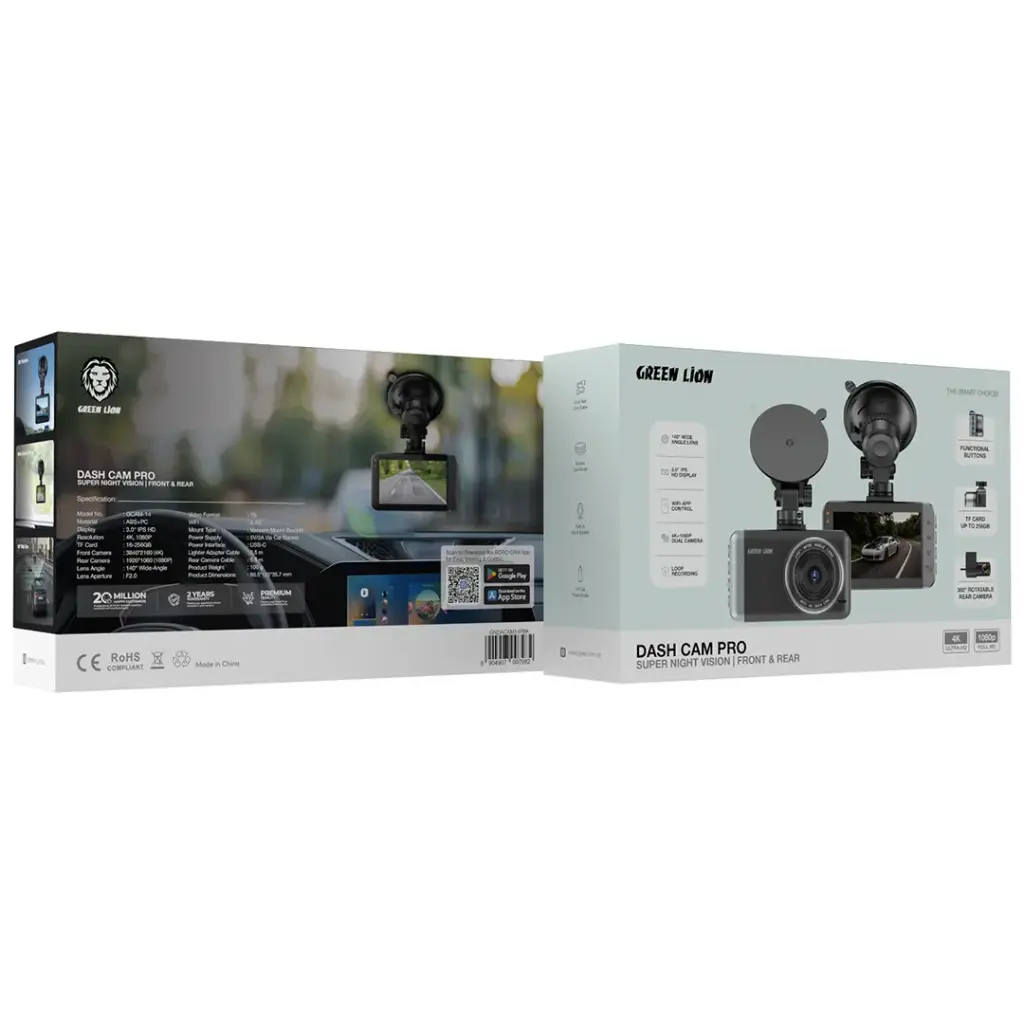 Green Lion Dash Cam Pro Front and Rear - Black | كاميرا داش كام جرين ليون برو أمامية وخلفية - أسود