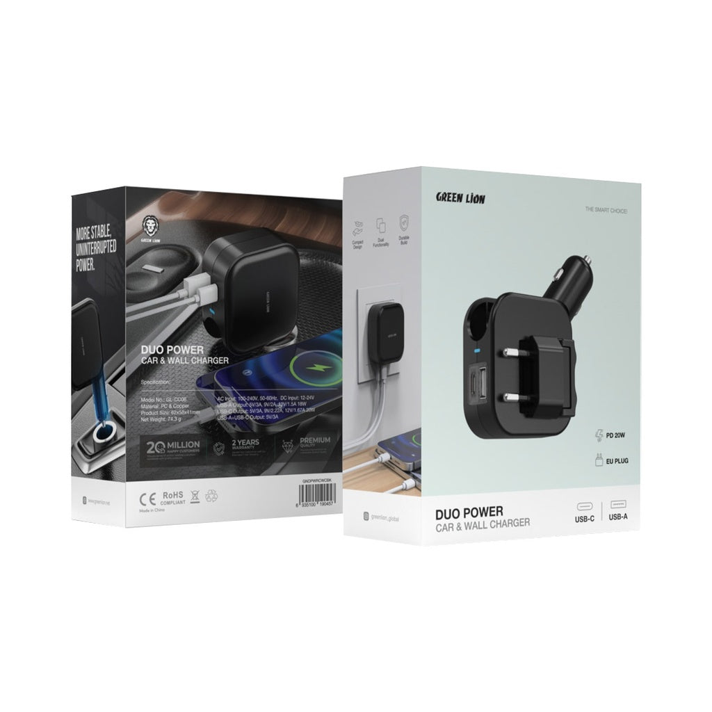 شاحن جرين لايون المزدوج للسيارة والمنزل بقدرة شحن 20 واط - اسود | Green Lion Duo Power Car & Wall Charger - Black