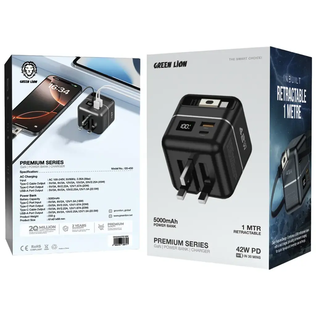 شاحن جرين ليون بريميوم مع باور بانك 5000 مللي أمبير 42 واط | Green Lion Premium Series Charger + Power Bank 5000mAh 42W