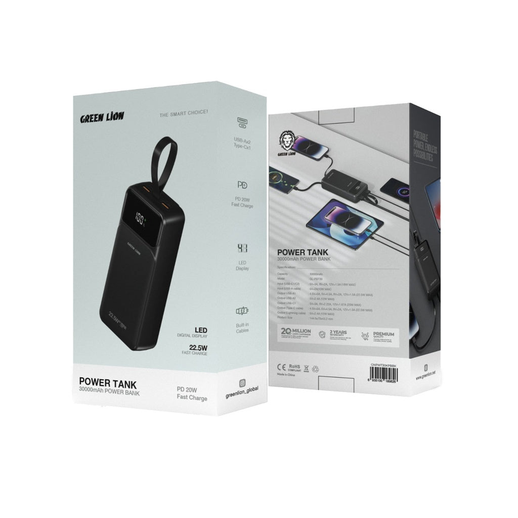 Bankeya Hêzê ya Green Lion Power Tank 30,000mAh bi Şarjkirina Bilez a 22.5W | Bankeya Hêzê ya Green Lion Power Tank 30000mAh PD 22.5W bi Kabloya Şarjkirina Bilez