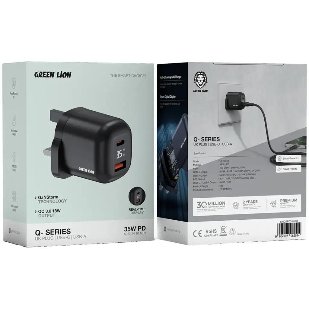 Green Lion Q-Series UK Plug USB-C & USB-A Wall Charger – Black | جرين ليون Q-Series قابس المملكة المتحدة USB-C و USB-A – أسود