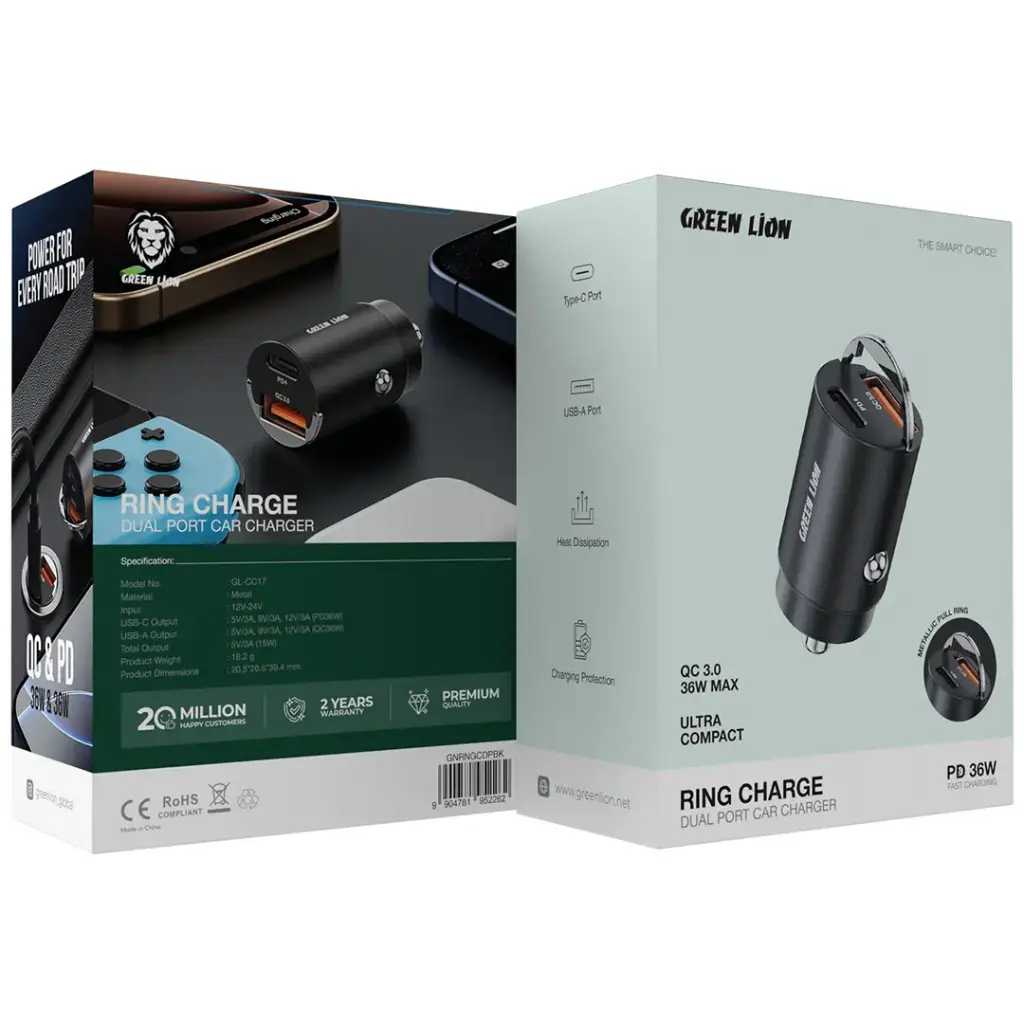 Green Lion Ring Charge Dual Port Car Charger PD 36W C to C 1m Cable - Black | شاحن سيارة جرين ليون بمنفذين مع كيبل