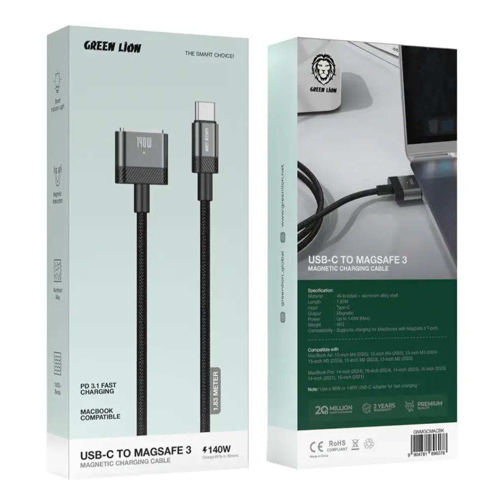 Kabloya Şarjkirinê ya Magnetîk a USB-C bo MagSafe 3 a Green Lion - Reş