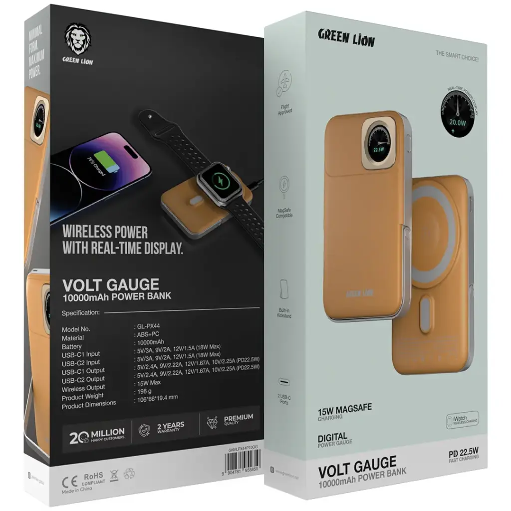 باور بانك جرين لايون Volt Gauge بسعة 10,000 مللي امبير وبقدرة شحن 22.5 واط | Green Lion Volt Gauge 10000mAh Power Bank PD 22.5W