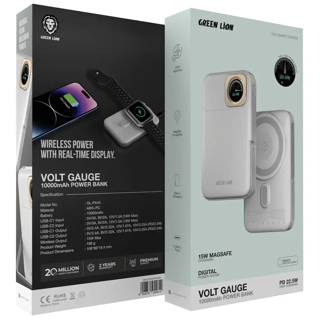 باور بانك جرين لايون Volt Gauge بسعة 10,000 مللي امبير وبقدرة شحن 22.5 واط | Green Lion Volt Gauge 10000mAh Power Bank PD 22.5W