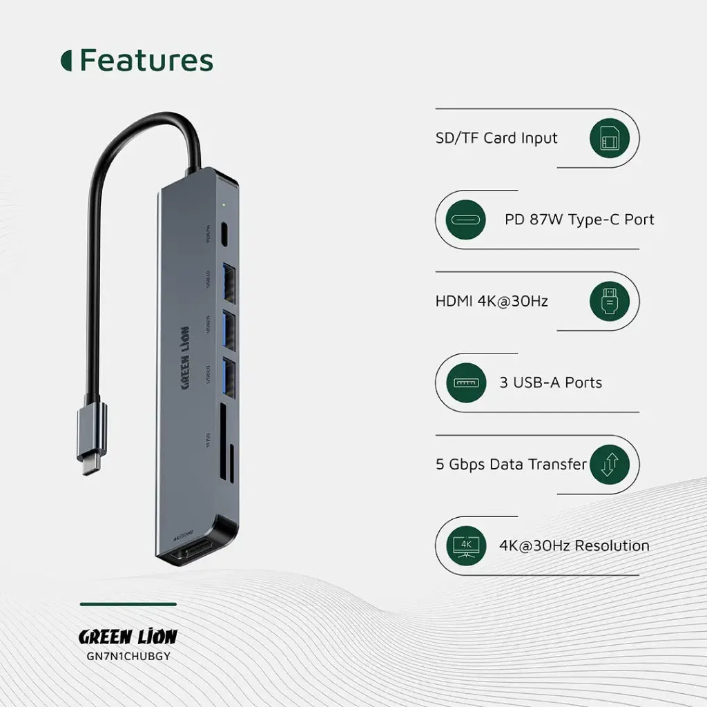 Green Lion 7-in-1 USB-C Hub Gray GN7N1CHUBGY - Detail 2