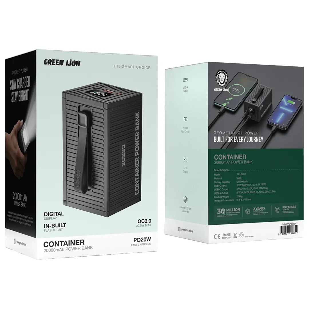 Green Lion Container 20000mAh Power Bank Black GNCOTPXPB10BK - 4-in-1 Cable