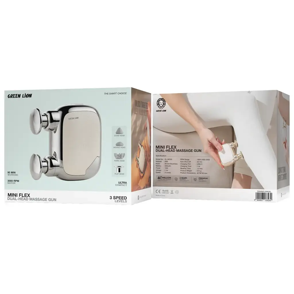 Green Lion Mini Flex Dual-Head Massage Gun Silver GNMINFLXMGSL - Detail
