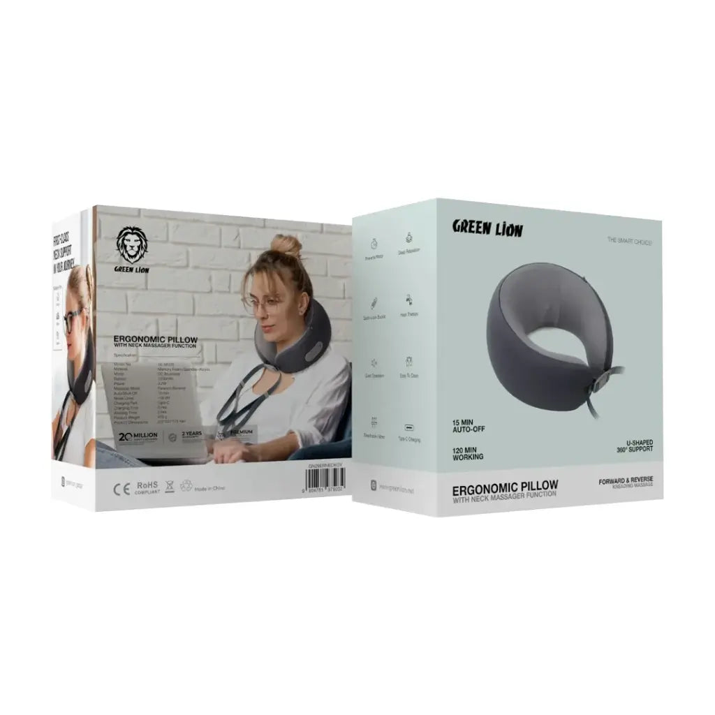 وسادة جرين لايون الارغونومية مع وظيفة مساج للرقبة - رمادي | Green Lion Ergonomic Pillow with Neck Massager Function - Gray