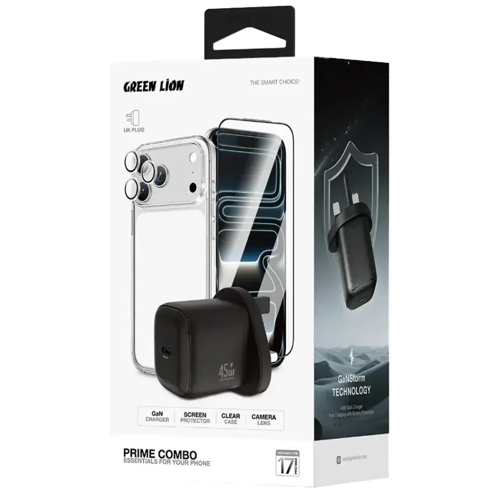 كومبو جرين لايون الشامل لآيفون 17 برو ماكس شاحن جان + كفر + حماية شاشة + عدسة كاميرا | Green Lion GaN Charger Screen Protector Clear Case Camera Lens Combo for iPhone 17 Pro Max