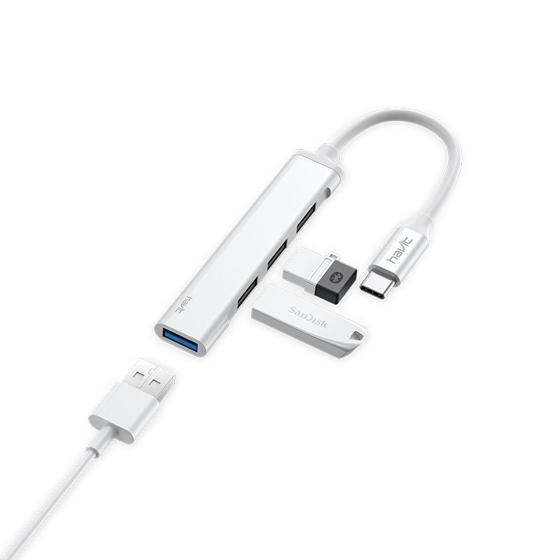 Hub-a HAVIT HB41 Type-C bo 4xUSB – Zîv Leza 5Gbps ​​- Adaptora HAVIT HB41 Type-C bo 4xUSB – Zîv | Veguhestina Bilez heta 5Gbps