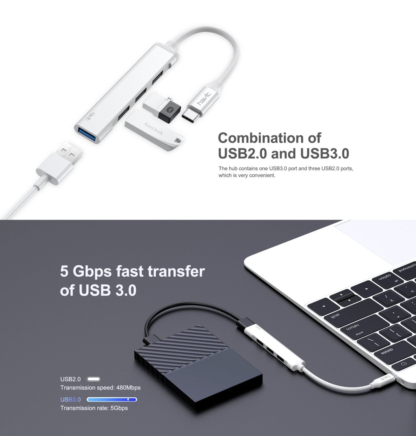 Hub-a HAVIT HB41 Type-C bo 4xUSB – Zîv Leza 5Gbps ​​- Adaptora HAVIT HB41 Type-C bo 4xUSB – Zîv | Veguhestina Bilez heta 5Gbps