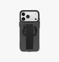 UNIQ Heldro Air slim FlexGrip case for iPhone 17 Pro Max Smoke - grip band in use